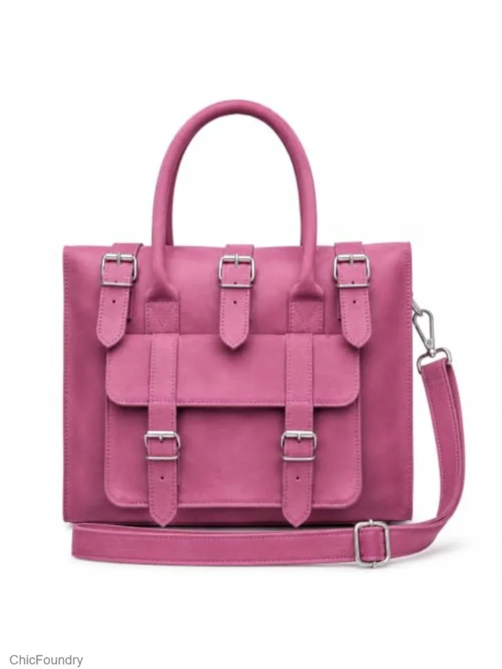 Genuine Leather Satchel Bag Vintage Buckle Strap Structured Work Tote Large